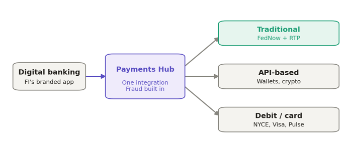 Diagram of the Neural Payments Payments Hub routing a single integration across three payment rail categories: traditional rails (FedNow and RTP), API-based rails, and debit and card rails