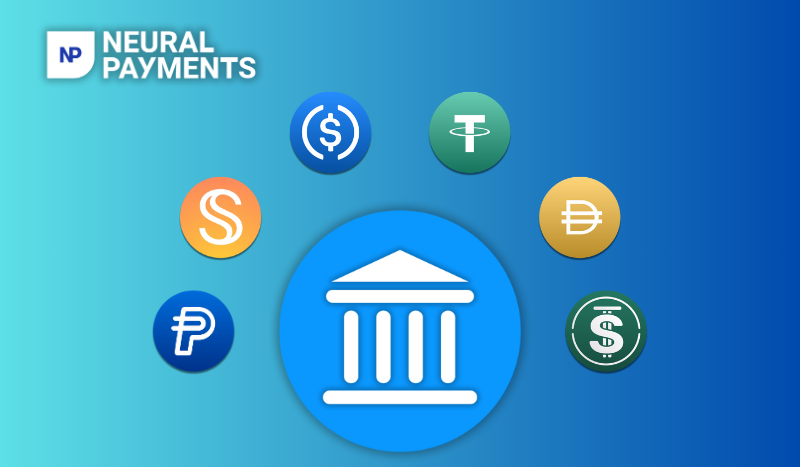 A graphic of a Financial Institution surrounded by icons for USDC, USDT, USDS, DAI, PYUSD and USDD